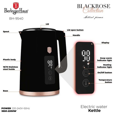 CZAJNIK ELEKTRYCZNY 1,7L + TOSTER CYFROWY BERLINGER HAUS BH-9540 BLACK ROSE BERLINGER HAUS