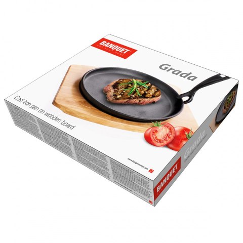 TALERZ PÓŁMISEK PATELNIA ŻELIWNA Z DESKĄ DREWNIANĄ BANQUET BANQUET TALERZ PÓŁMISEK PATELNIA ŻELIWNA Z DESKĄ DREWNIANĄ BANQUET BANQUET