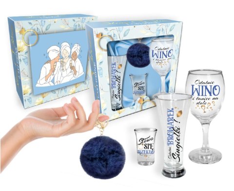 NIEZBĘDNIK PANIEŃSKI-zestaw: szklanka do piwa 300ml, kieliszek do wina 220ml, kieliszek do wódki 35ml + brelok granat NIEZBĘDNIK PANIEŃSKI-zestaw: szklanka do piwa 300ml, kieliszek do wina 220ml, kieliszek do wódki 35ml + brelok granat