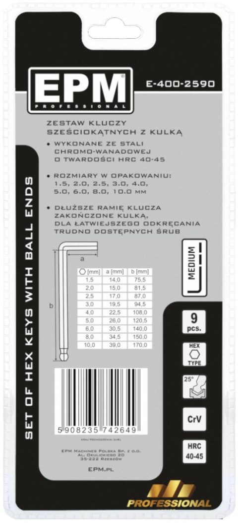 KOMPLET KLUCZY IMBUSOWY ''HEX'' TYP L 9SZT Z KULKĄ ŚREDNIE KOMPLET KLUCZY IMBUSOWY ''HEX'' TYP L 9SZT Z KULKĄ ŚREDNIE