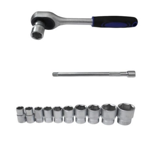 Grzechotka 3/8" + przedłużka 150mm + 10 nasadek sześciokątnych Grzechotka 3/8" + przedłużka 150mm + 10 nasadek sześciokątnych