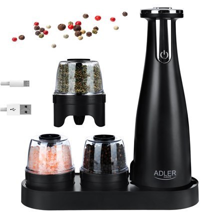 Adler | Elektryczny młynek do soli i pieprzu | AD 4449b | Młynek | 7 W | Materiał obudowy tworzywo ABS | Litowy | Młynki z ceram