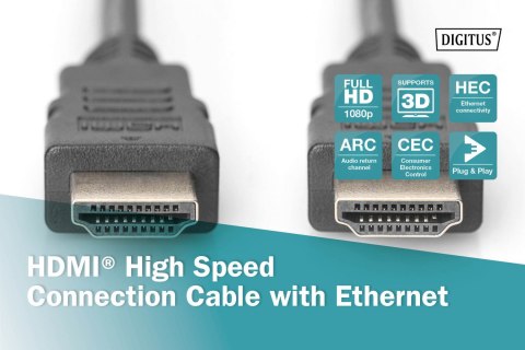 Digitus | HDMI High Speed with Ethernet | Męski | 19-pinowy HDMI typ A | Męski | 19-pinowy HDMI typ A | 3 m | Czarny Digitus | HDMI High Speed with Ethernet | Męski | 19-pinowy HDMI typ A | Męski | 19-pinowy HDMI typ A | 3 m | Czarny