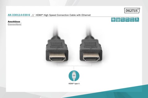 Digitus | HDMI High Speed with Ethernet | Męski | 19-pinowy HDMI typ A | Męski | 19-pinowy HDMI typ A | 3 m | Czarny Digitus | HDMI High Speed with Ethernet | Męski | 19-pinowy HDMI typ A | Męski | 19-pinowy HDMI typ A | 3 m | Czarny