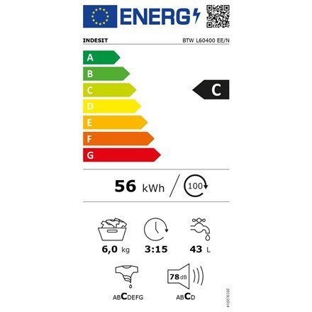 INDESIT | BTW L60400 EE/N | Pralka | Klasa efektywności energetycznej C | Ładowanie od góry | Pojemność prania 6 kg | 951 obr/mi INDESIT | BTW L60400 EE/N | Pralka | Klasa efektywności energetycznej C | Ładowanie od góry | Pojemność prania 6 kg | 951 obr/mi