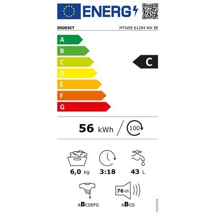 INDESIT | MTWSE 61294 WK EE | Pralka | Klasa efektywności energetycznej C | Ładowana od frontu | Pojemność prania 6 kg | 1151 ob INDESIT | MTWSE 61294 WK EE | Pralka | Klasa efektywności energetycznej C | Ładowana od frontu | Pojemność prania 6 kg | 1151 ob