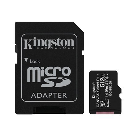 Kingston | Canvas Select Plus | 512 GB | Micro SD | Pamięć flash klasy 10 | Adapter SD Kingston | Canvas Select Plus | 512 GB | Micro SD | Pamięć flash klasy 10 | Adapter SD