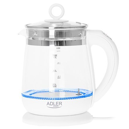 Adler | Czajnik | AD 1299 | Elektryczny | 2200 W | 1,5 L | Szkło/stal nierdzewna | Podstawa obrotowa 360° | Biały Adler | Czajnik | AD 1299 | Elektryczny | 2200 W | 1,5 L | Szkło/stal nierdzewna | Podstawa obrotowa 360° | Biały